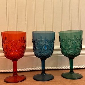 3 Acrylic wine glasses, Pier 1, with ornate pattern. Red, blue, and green